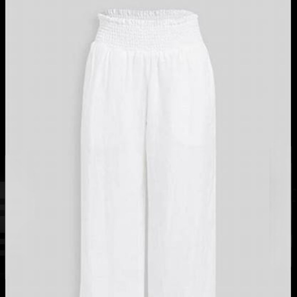 Bella Dahl White Linen Smocked Wide Leg Pant